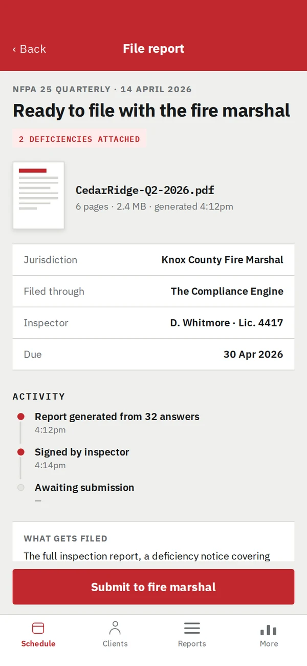 The finished report, ready to file with the fire marshal