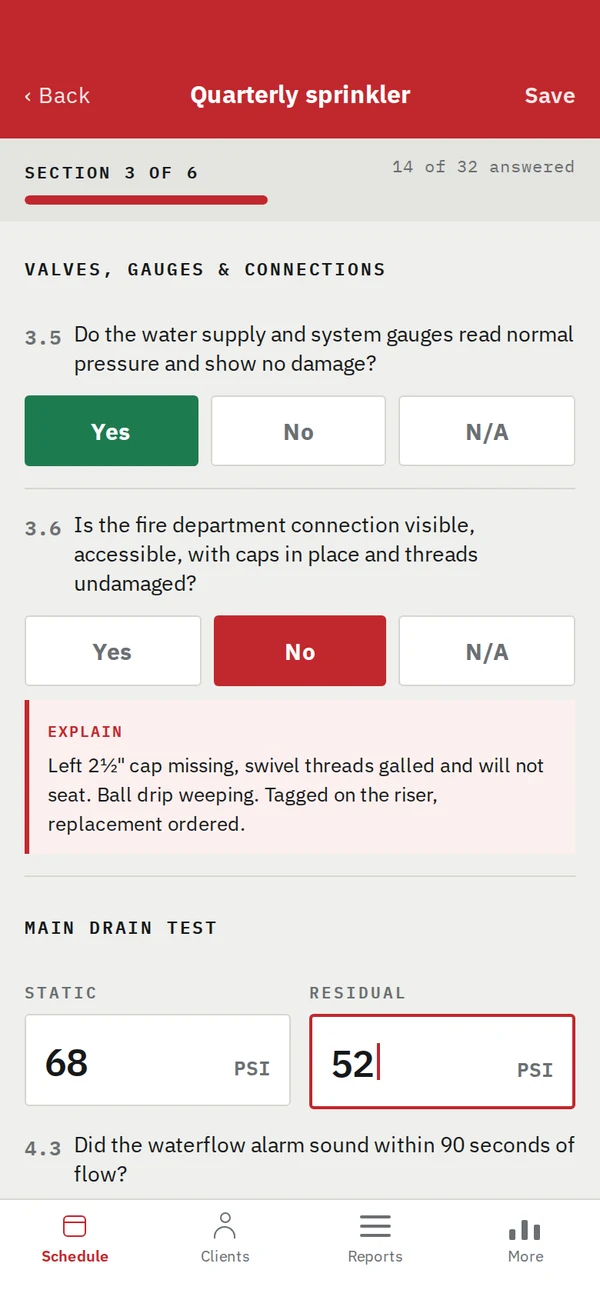 A quarterly sprinkler form, with each deficiency explained in place