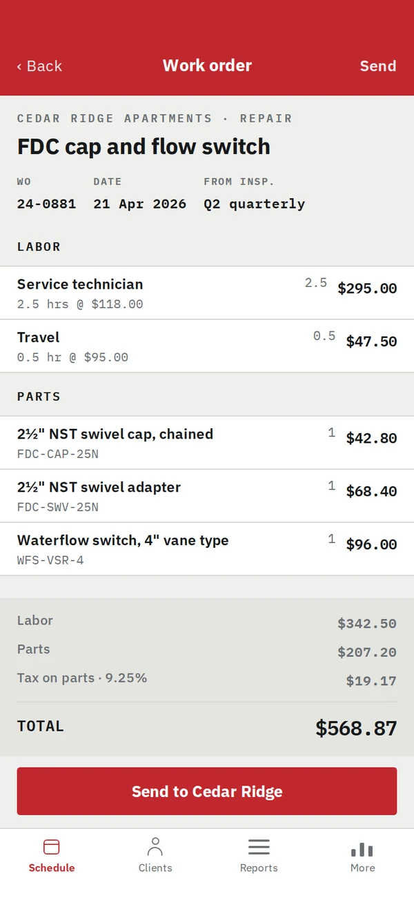 Labor and parts for the repair, totaled