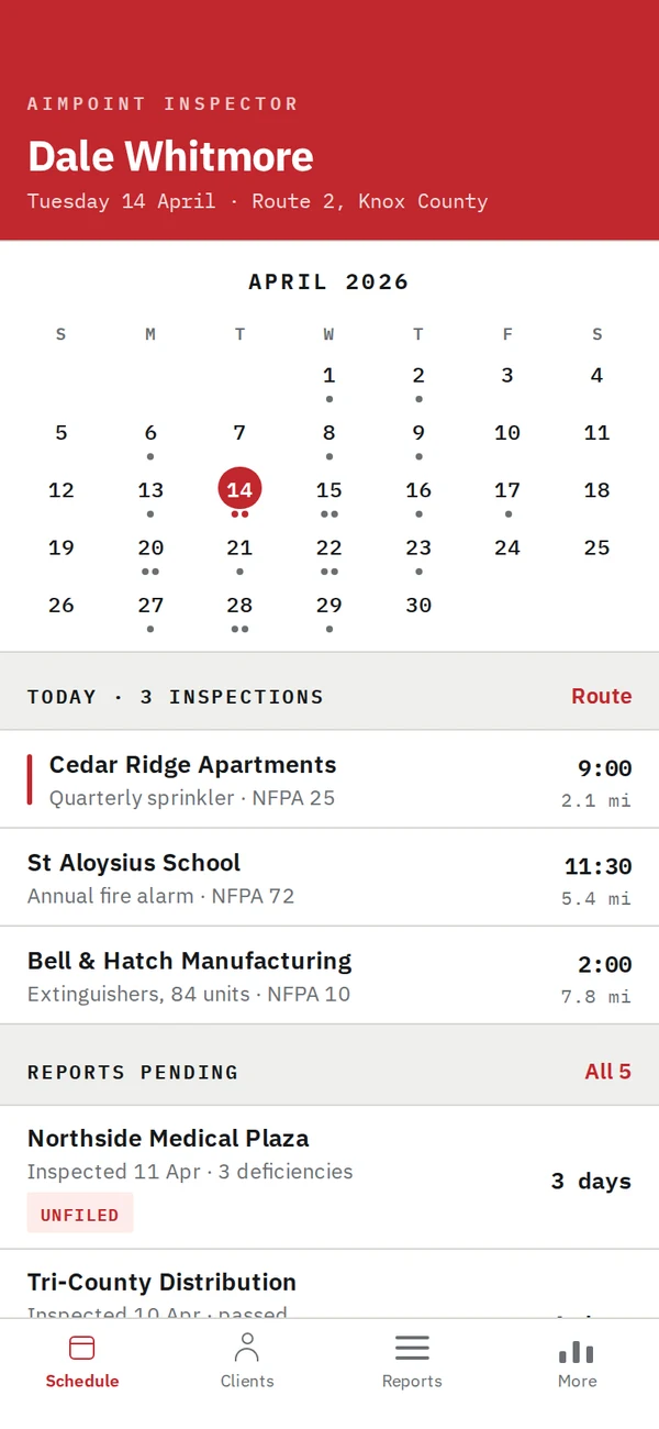 The day's inspections on a calendar, with the reports still to file
