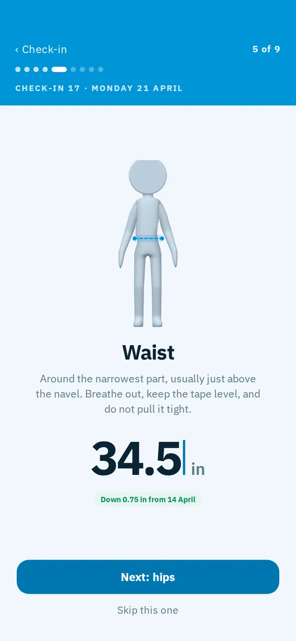 A guided check-in: one measurement, with a figure showing where the tape goes