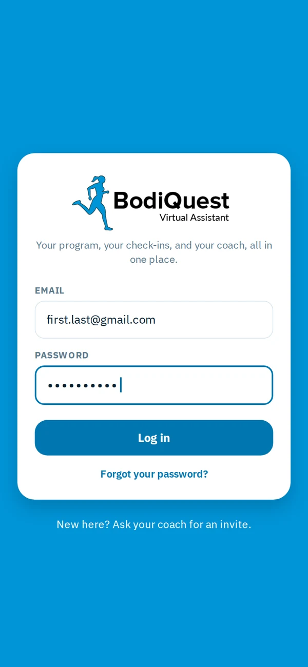 Sign in, with the BodiQuest mark on the brand blue