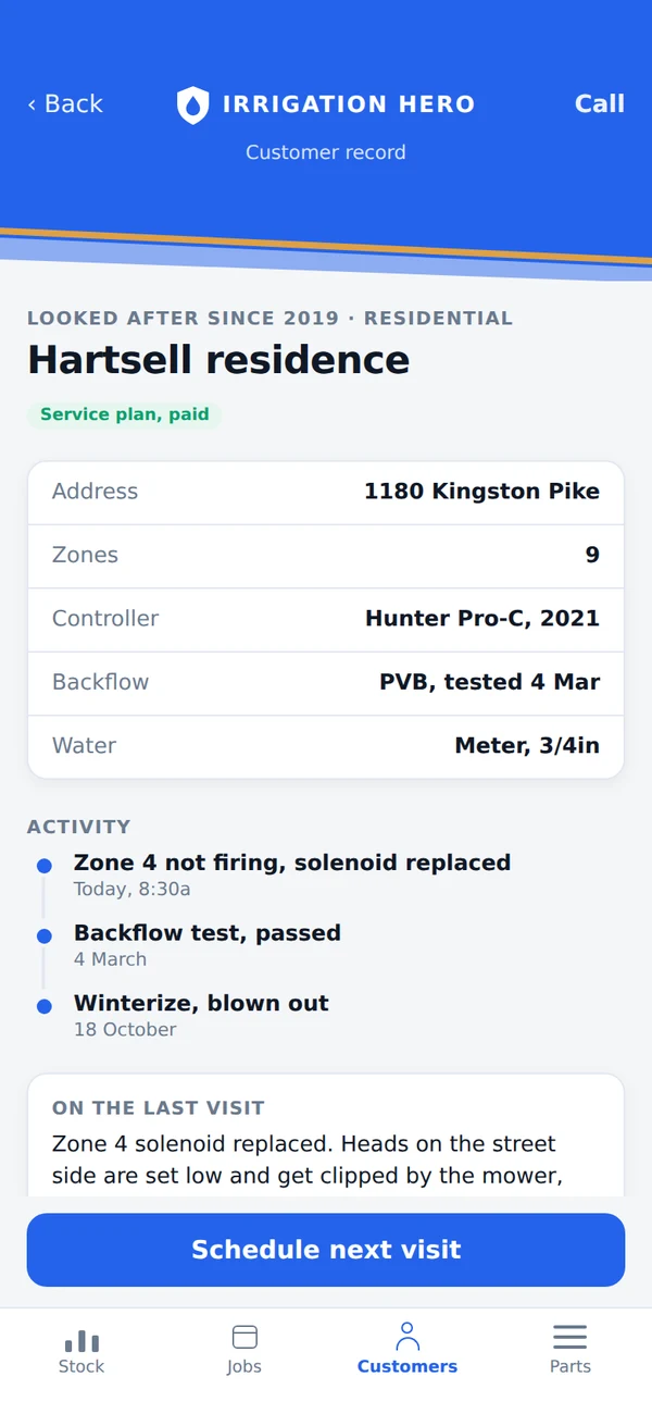 A customer site record with zone count, controller model and backflow test history