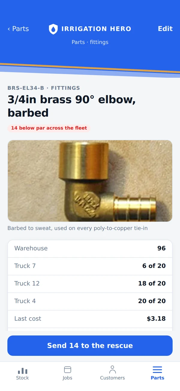 A part record with photograph, part number, cost and stock across warehouse and trucks