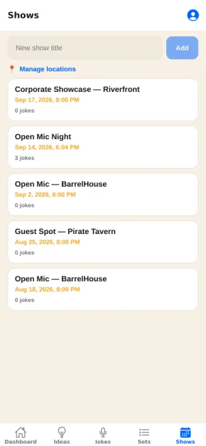 Upcoming and past shows with venues and dates