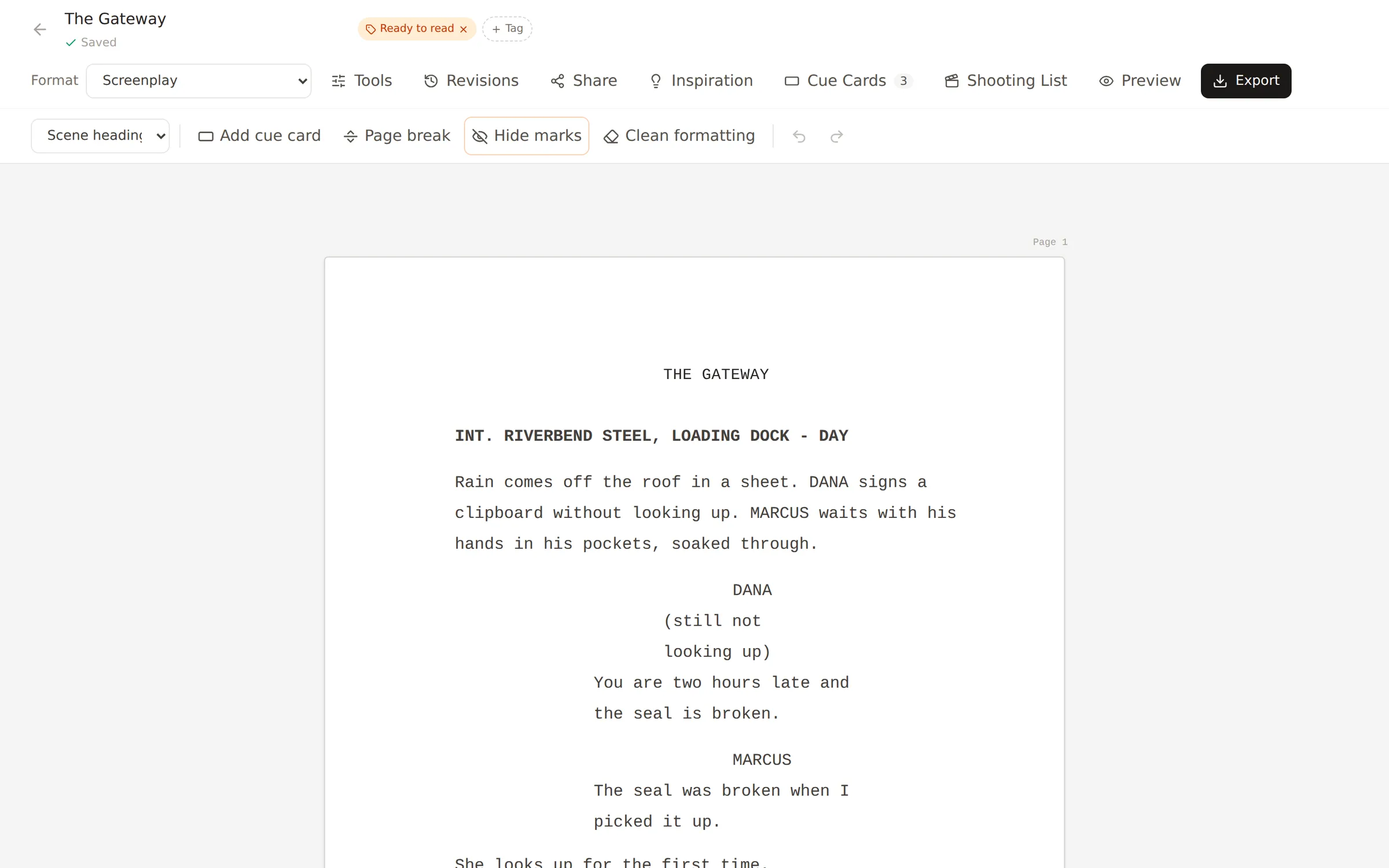 The script editor, a screenplay laid out in Courier with character cues and dialogue at the right widths