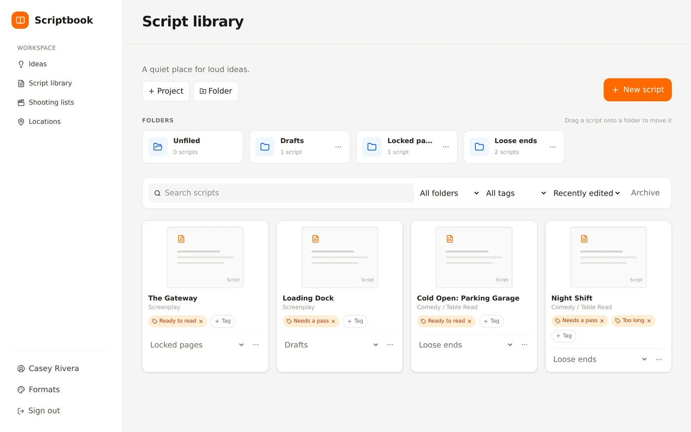 Script library with folders, tags and the format each script uses