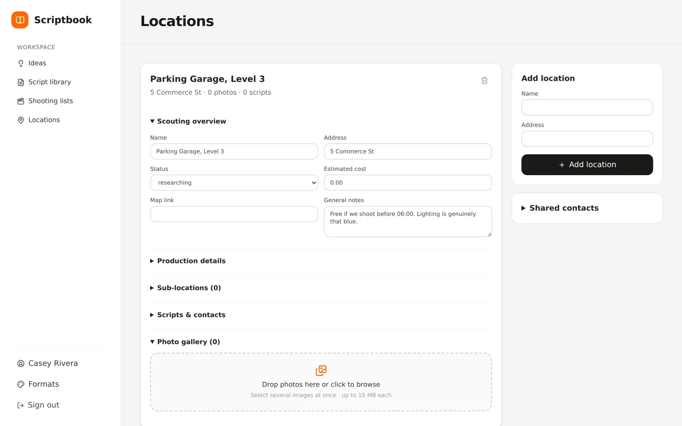 Locations with addresses, status and estimated cost