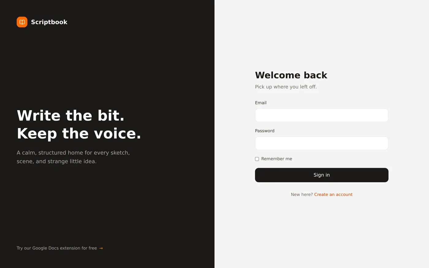 The sign-in page, a dark split panel carrying the product line and a link to the Google Docs add-on