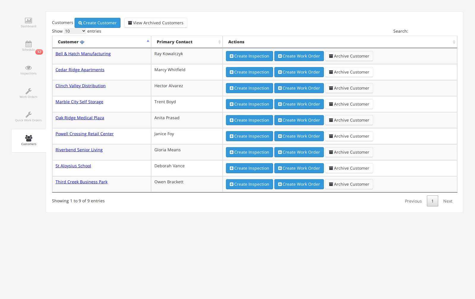 The customer list, each with an option to raise an inspection or a work order