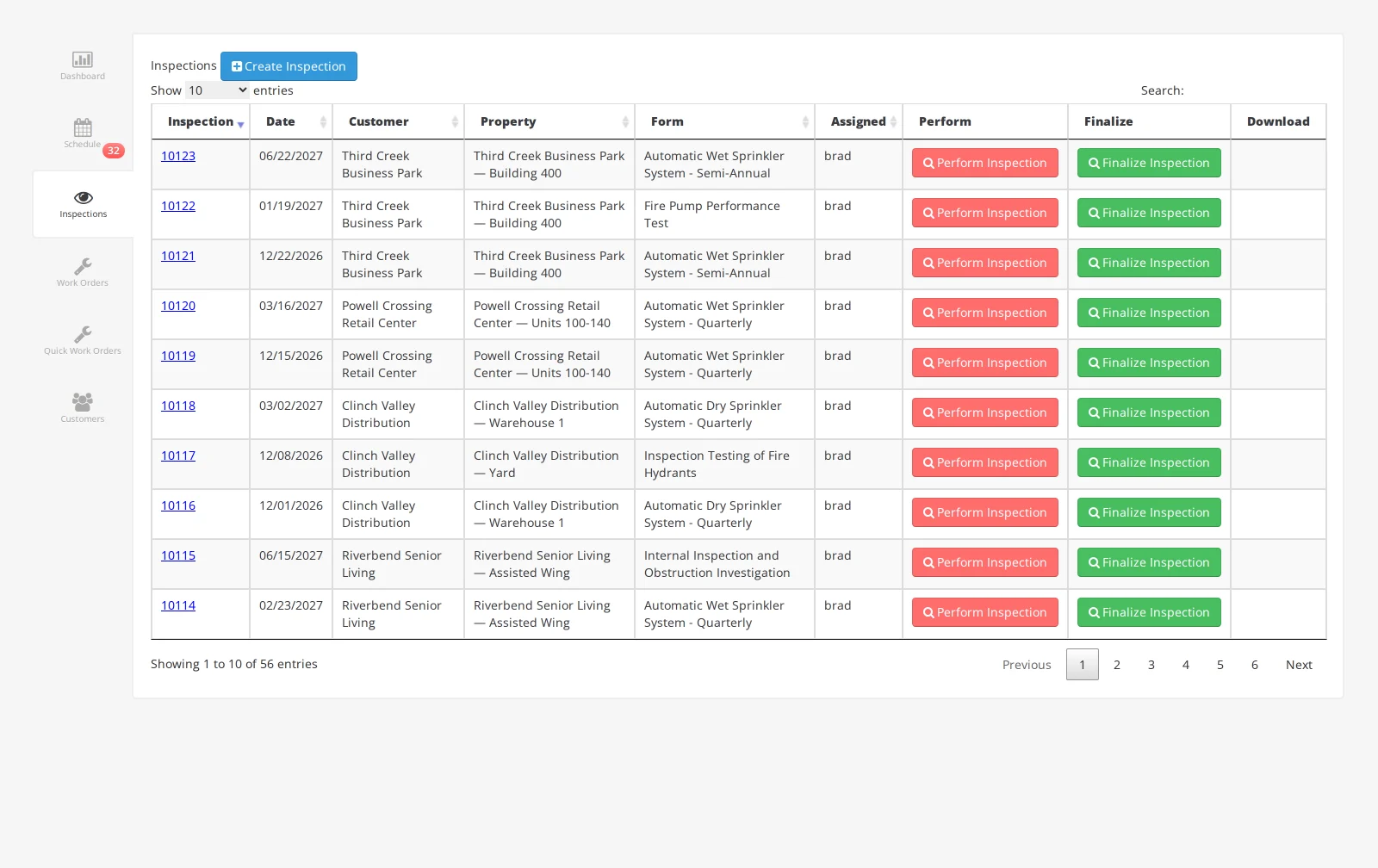 The inspection list: each row a property, a form named by its frequency, and the inspector it is assigned to