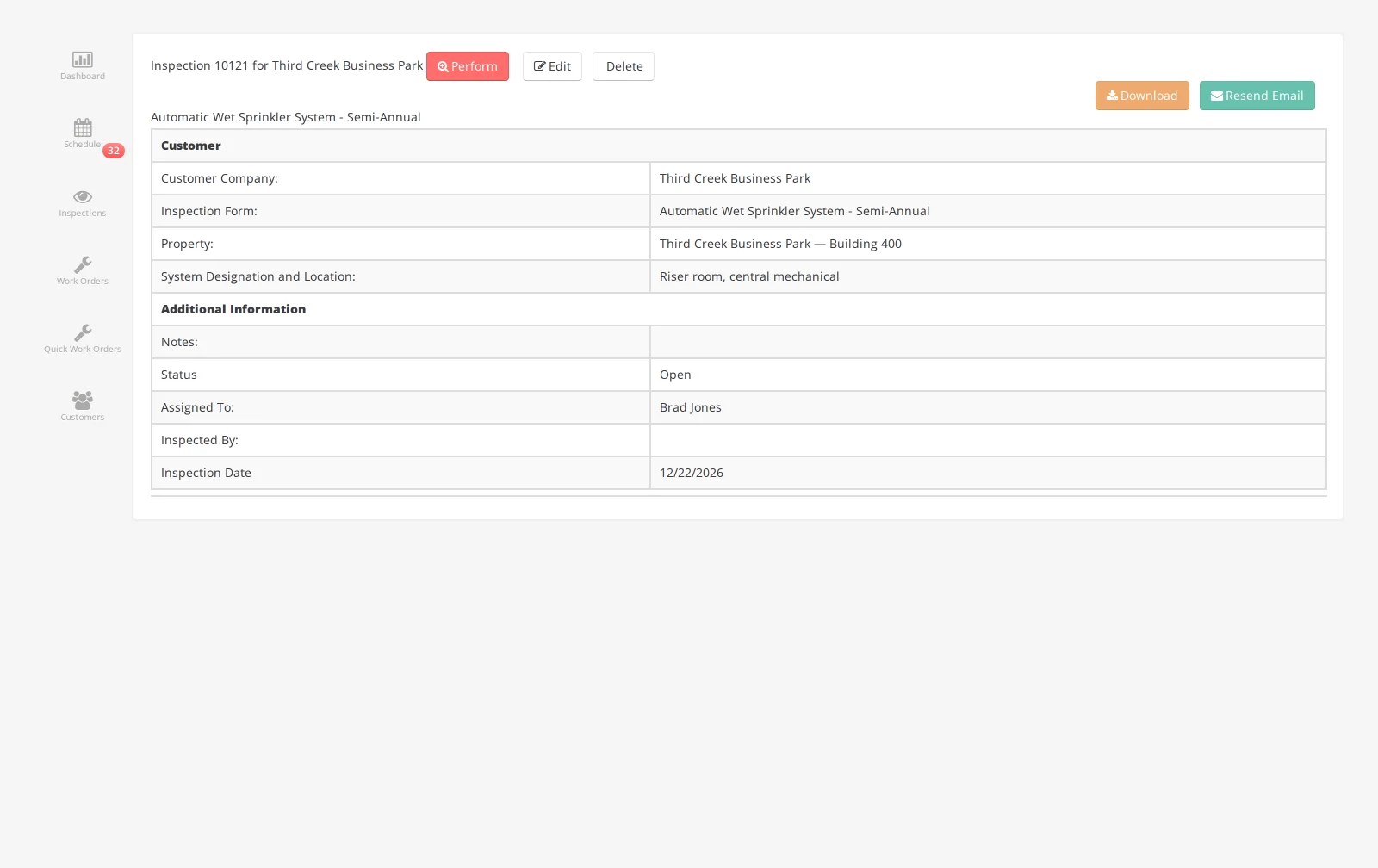 A single inspection record showing customer, form, property, system location, assignment and date