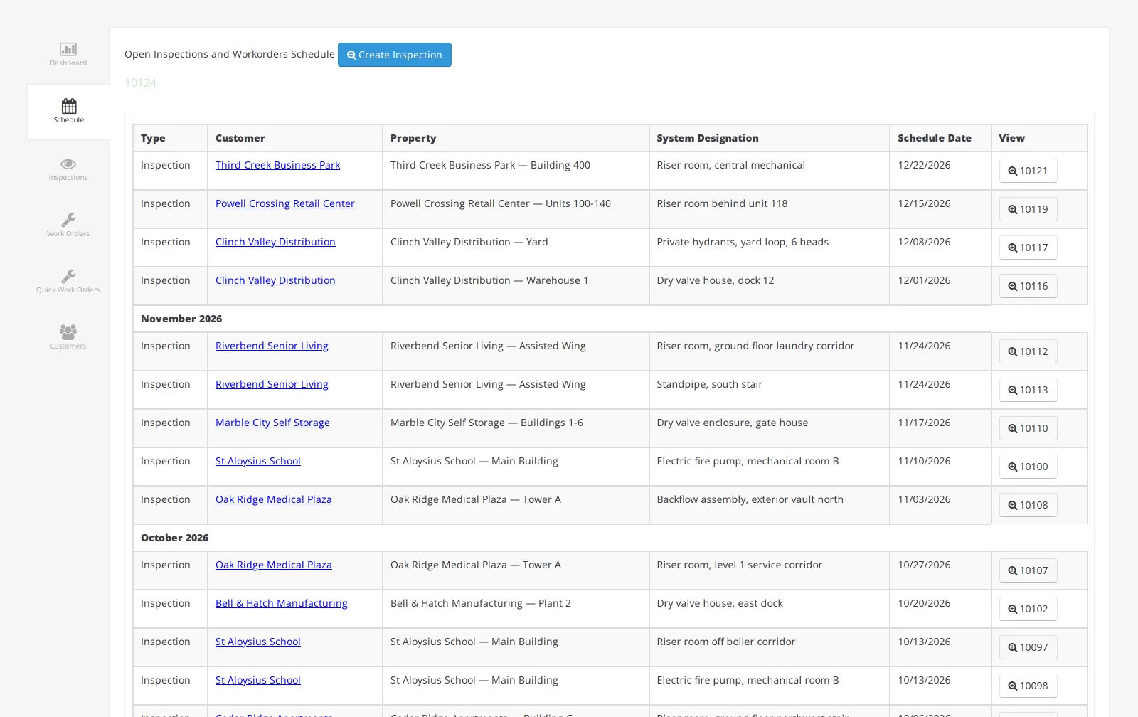 The schedule, grouped by month, showing inspections booked across October, November and December