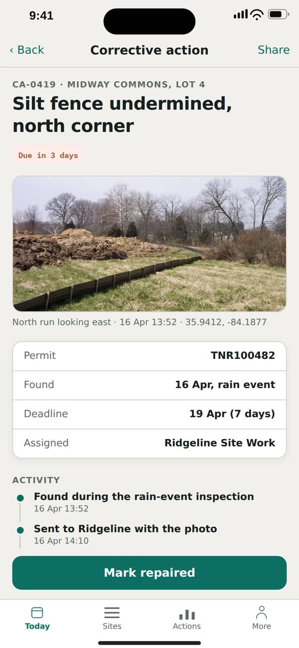 A corrective action carrying the photograph, the contractor and the deadline